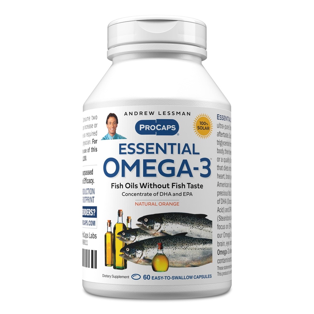 ANDREW LESSMAN Essential Omega-3 Orange - 60 Softgels - Ultra-Pure, High Potency Omega-3 Oils. Yüksek DHA, No Stomach Upset, No Contaminants, No Mercury. Küçük Easy to Swallow Softgels