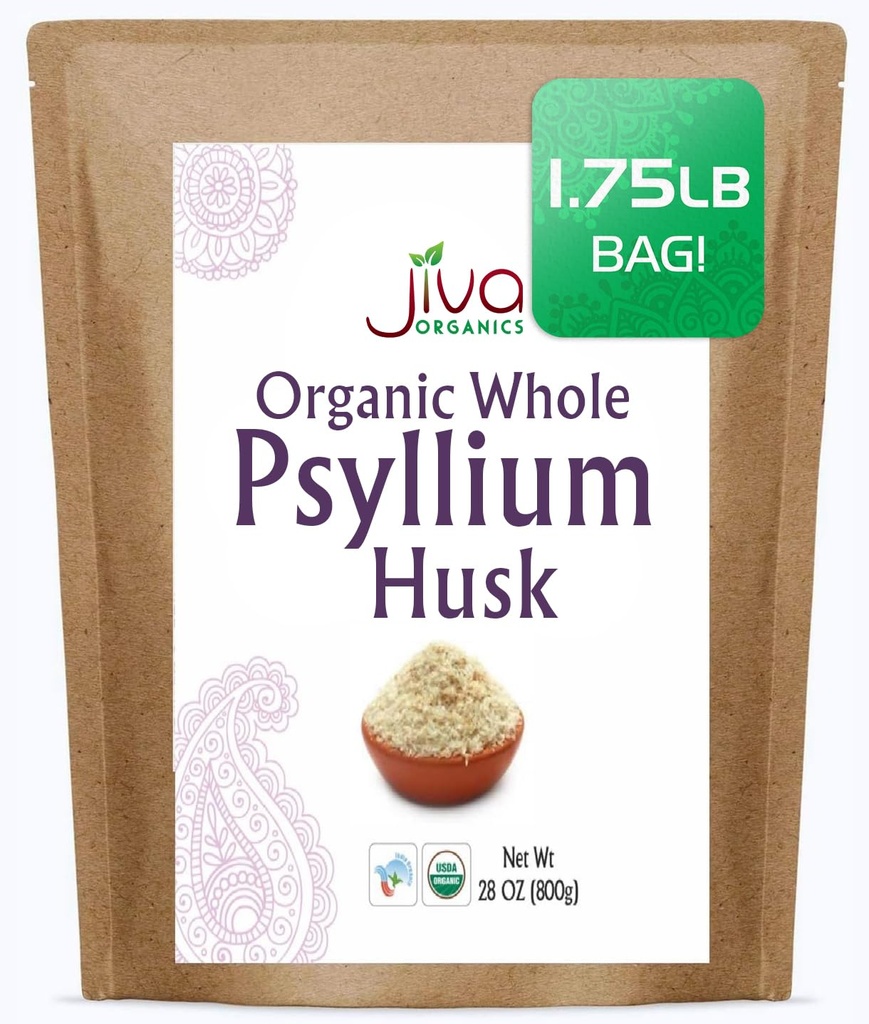 Jiva Organics Whole Psyllium Husk (Isabgol) 1.75 LB (28 Oz) Jumbo Bag - Non-GMO, Unflavored - Keto Friendly, ► Fiber Fiber Fiber Fiber