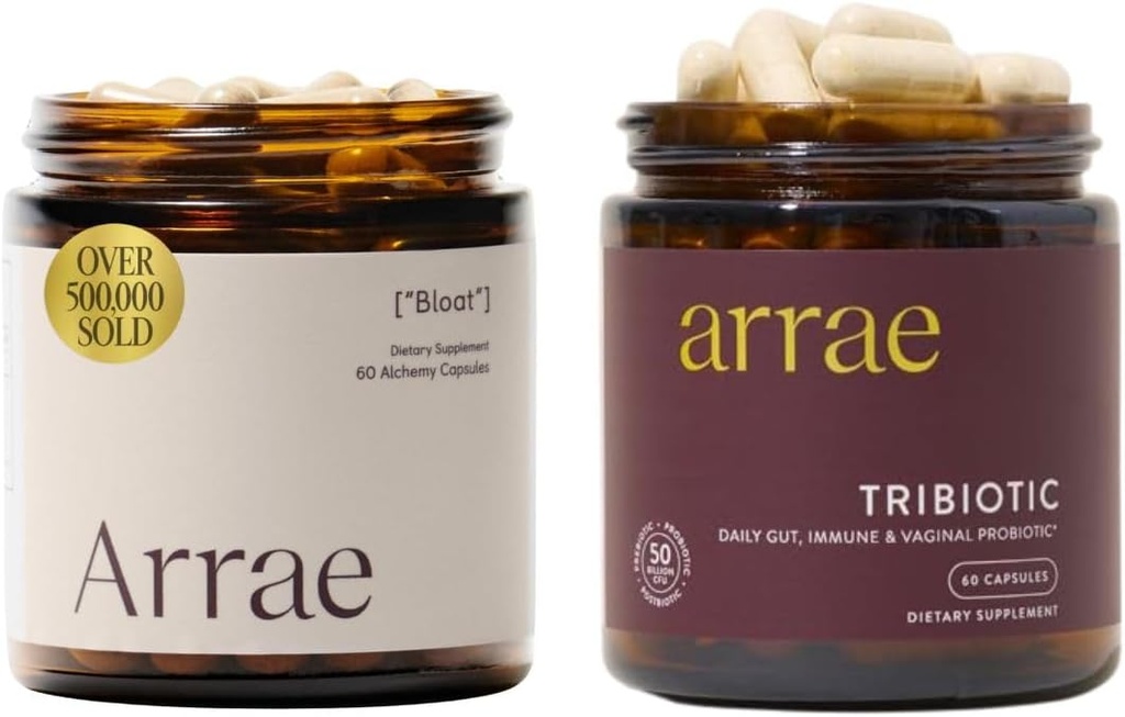 Arrae Bloat + Tribiyotik Sche, Bloating Relief Digestive Enzymes, Gas & Indigestion Relief, Probiyotiks for Women, Support for Vaginal pH Balance, Immune, and Feminine Health, 60 Capsules Every