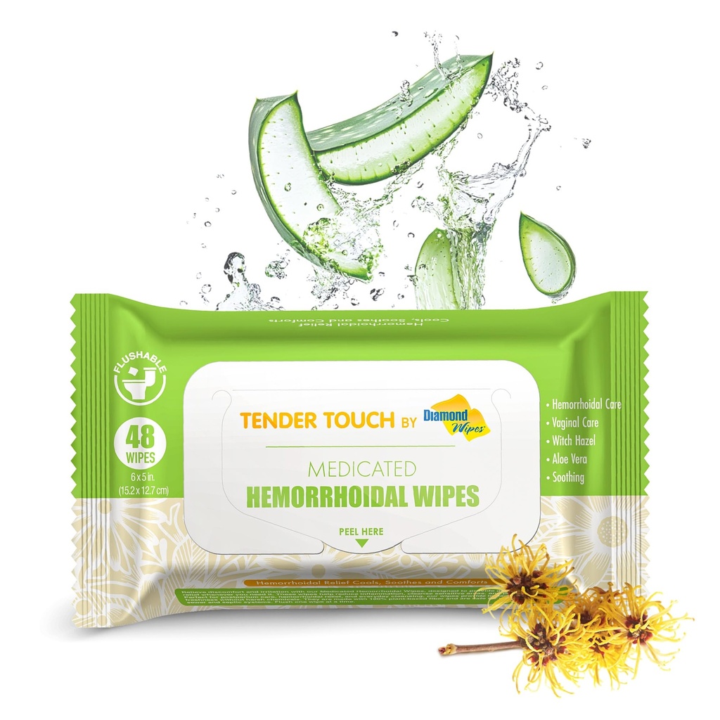 Tender Touch Hemorrhoid Wipes with Witch Hazel and Aloe, Flushable Medicated Wipes for Hemorrhoid and Vaginal Relief - Postpartum-Safe, Fragrance-free, Travel Size, 1 Pack, 48-ct.
