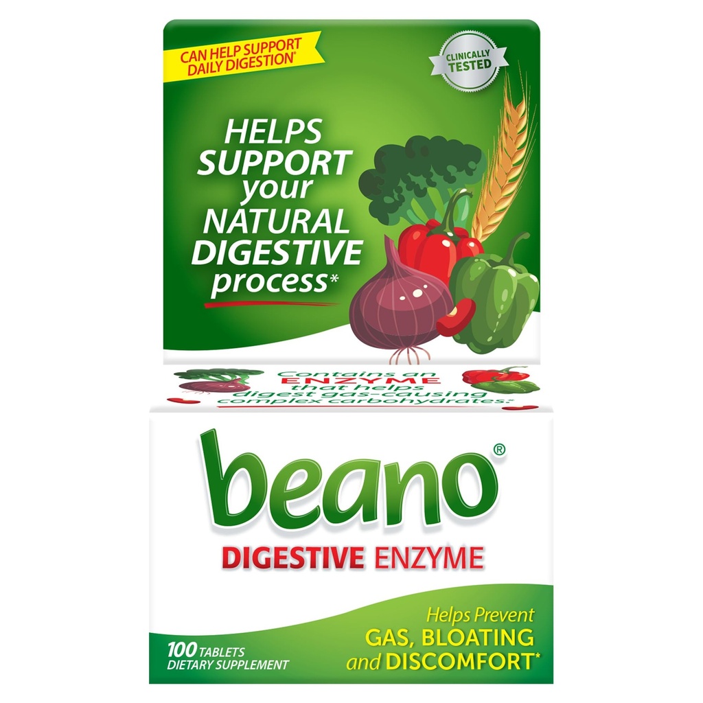 Beano Digestive Enzyme, Yetişkinler için Engelleyici Gaz Yardımı, Gaz ve Bloating'ı önlemeye yardımcı olur, 100 Tablet