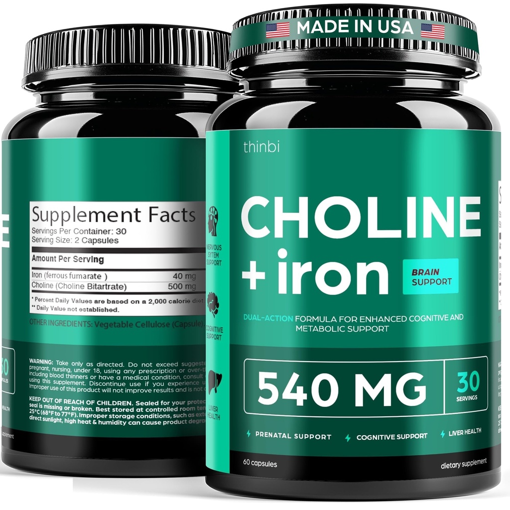 Thinbi Choline Prenatal Supplement with Iron – Prenatal Vitamins for Women – Pregnancy Brain, Memory & Cognitive Support – Ferrous Fumarate, Vegan – 30 Servings
