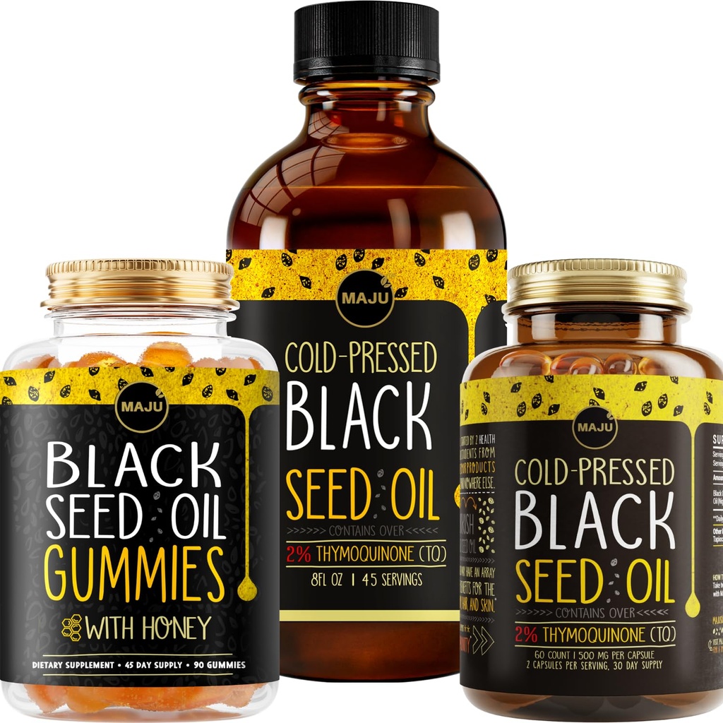 Maju Superfoods Black Seed Oil 3-in-1 Sche, Gummies, Capsules, & Liquid