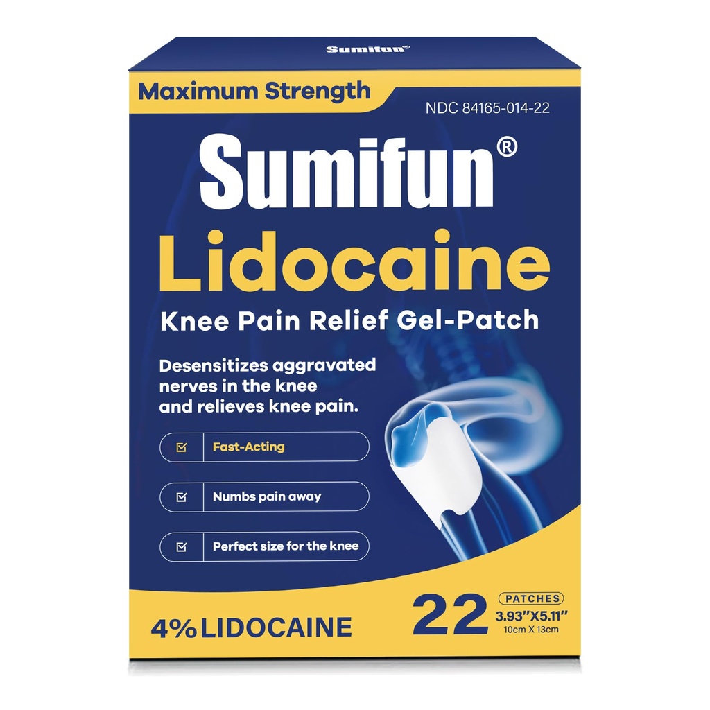 Sumifun Lidocaine Knee Pain Relief Gel-Patches - Maximum Strength Lidocaine Patches for Knee Pain, Muscle and Joint Pain - Up to 8-Hours Knee Pain Relief (Large, Count, 22)