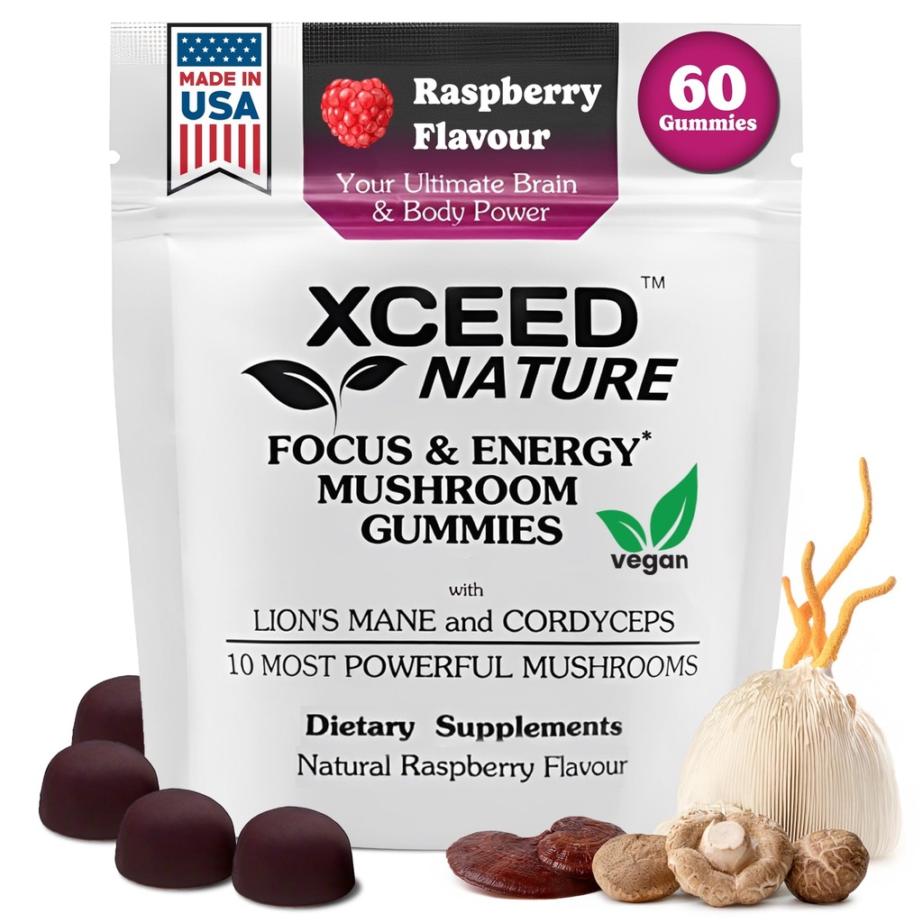 Lions Mane & Cordyceps Mushroom Gummies - 10in1 Supplement - Focus, Energy, Mood, Memory & Clarity - 60