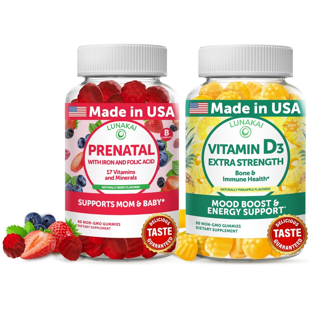 Lunakai Prenatal ve Vitamin D3 Gummies Sche - Hamile Multivitamin Gummy with Iron & Folic Acid - Immunity, Bone and Mood Support Supplement for Yetişkinler - 30 Days Supply