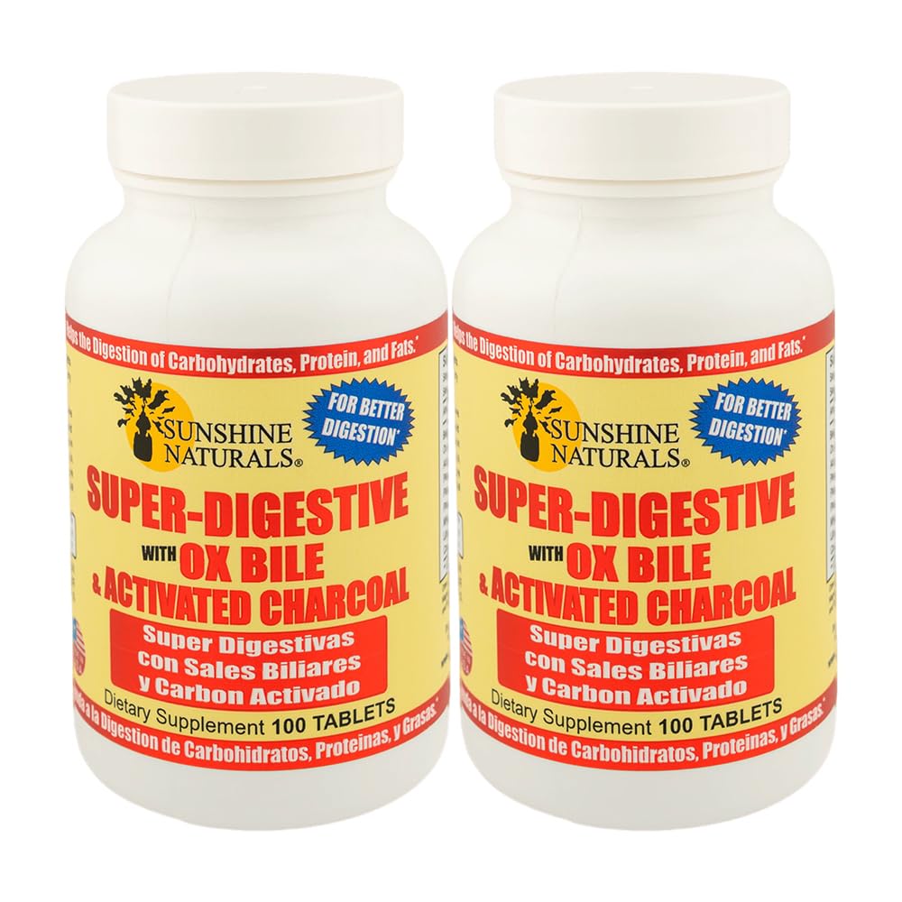 Sunshine Naturals Super Digestive Supplement. Ox Bile & Aktif Charcoal for Digestive Support, Bloating Relief, Gut Cleanse, Nutrient Abors ve genel Wellness için. 100 Tablet. Pack of 2