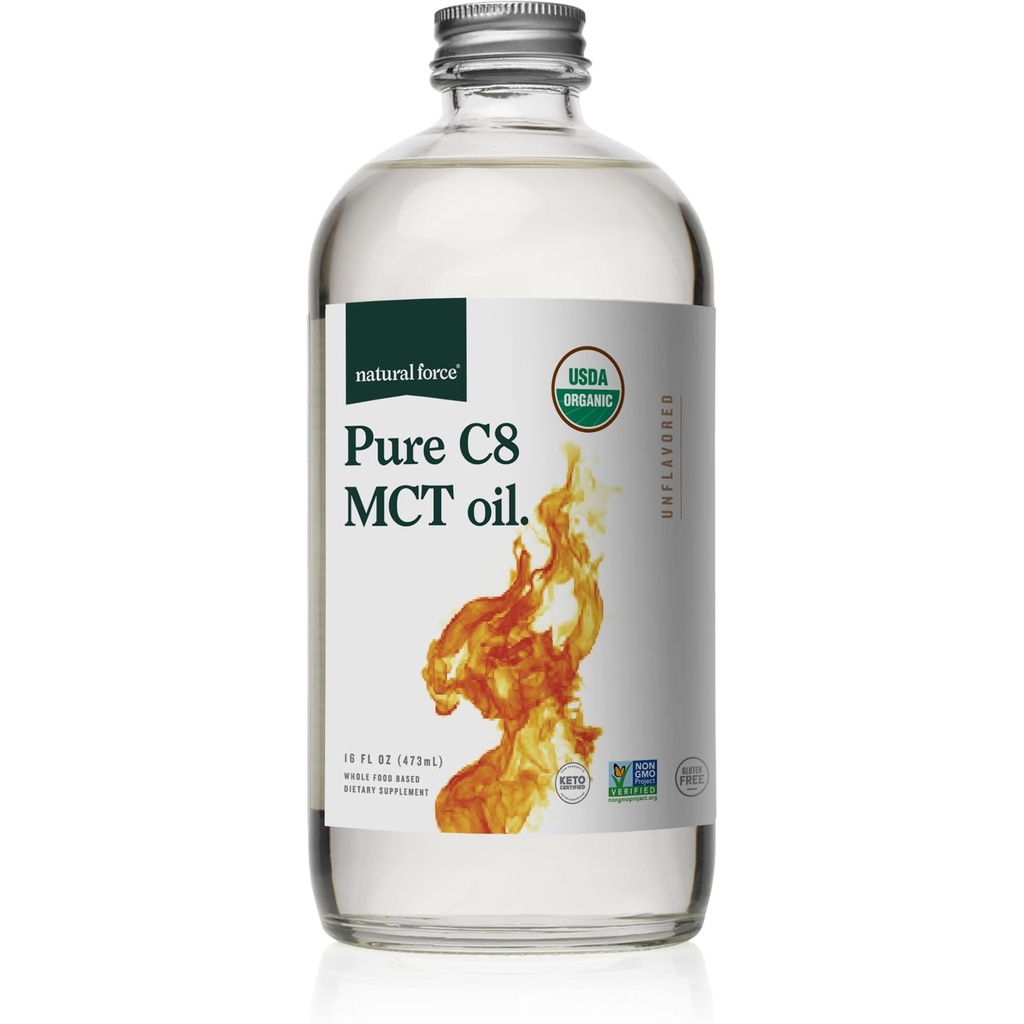 Natural Force Organic Pure C8 MCT Oil – Liquid MCT Oil in Glass Bottle Container – Concentrated Caprylic Acid – Keto, Paleo, Kosher, Vegan & Non-GMO – Lab Tested for Quality and Purity, 16 Ounce