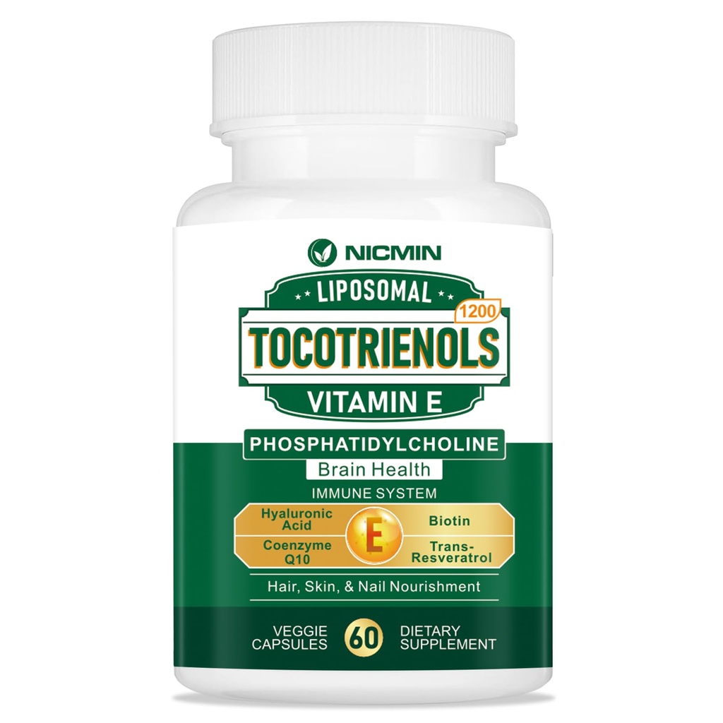 1200MG Vitamini E Tocotrienols Liposomal Tocotrienols Supplement with Phosphatidylcholine,% 95 Delta-tocotrienols and% 5 Gamma-tocotrienols, High Abxia for Heart, Brain Function 60 Capsules