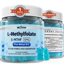 L-MethylFolate 15mg & Methyl B12 Gummies, Methyl B1, B2, B6 Çokvitaminler - Aktif 5MTHF & High Abvitamin - Destekler MTHFR Gen, Cognition, Homocysteine Seviyeleri, Folate Metabolism, Vegan, 60 Cts