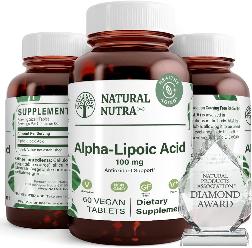 Doğal Nutra R-Alpha Lipoic Asit, Kemik ve Kalp Sağlığını Geliştir, Gelişmiş Memory Function, Nerve Function Contributes to General Health, Gluten Free 100 mg, 60 Vegan ve Vegetarian Tabletler.