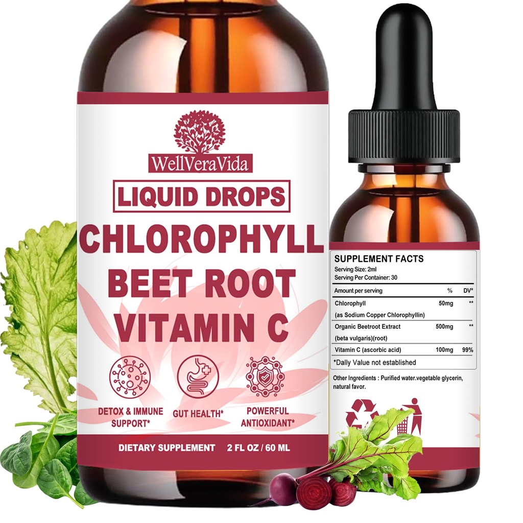 Liquid Chlorophyll Drops, Chlorophyll Supplements w. Beetroot & Vitamin C for Antioxidant Cleanse & Internal Freshness, Natural Liquid Chlorophyll for Women & Men, Fast Absorption Than Capsules Pills