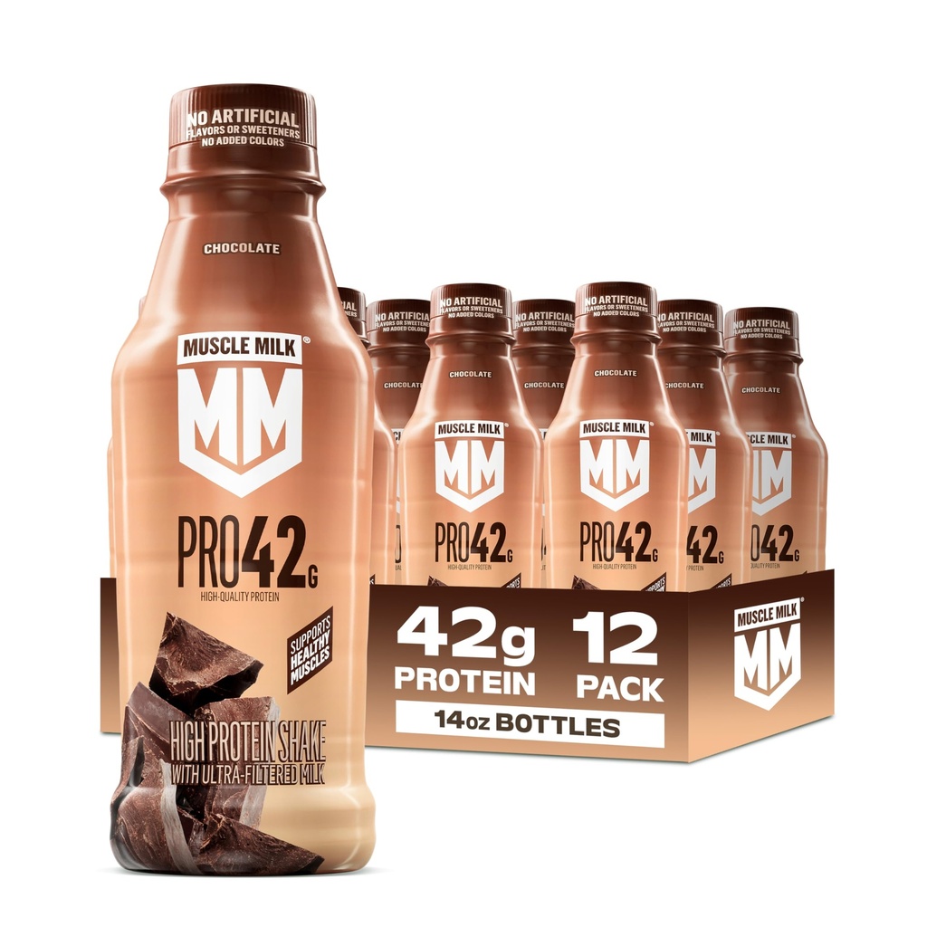 Muscle Milk Pro High Protein Shake, Chocolate, 14 fl oz Bottles, (12 Pack) Ultra-Filtered Milk, 42g High Quality Protein, 4g Sugar, 250 Calories, No Artificial Flavors, No Artificial Sweeteners, No Added Colors