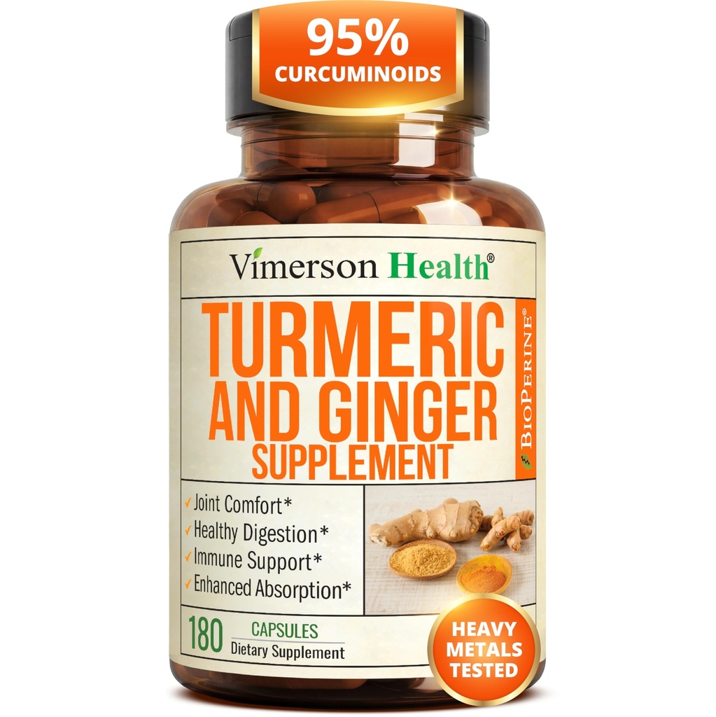 Turmeric and Ginger Supplement with Organic Tumeric for Daily Joint Support, Digestive & Immune Health – with Ginger & Black Pepper Extract (BioPerine) for Enhanced Absorption – Non-GMO – 180 Capsules