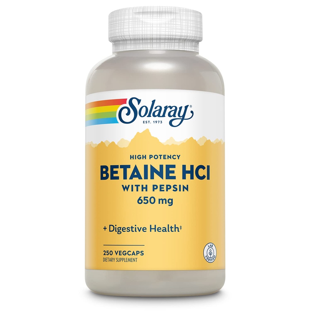 Solaray High Potency Betaine HCL ile Pepsin - Hidroklorik Asit Digestive Health - Betaine Hydrochloride ve Digestive Enzymes - Gut Health Support - 60 Günlük Garanti, 250 VegCaps