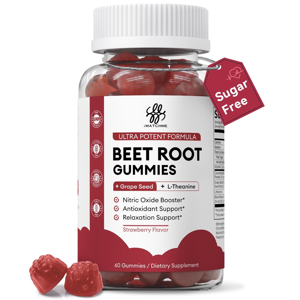 iMATCHME 2 Pack Beet Root Gummies – Blood Pressure Support & Mood Support, Nitric Oxide Beets Supplement with Grape Seed, L-Theanine & Vitamin C, Sugar-Free Vegan, 30:1 Beet Root Extract, 120 Chews