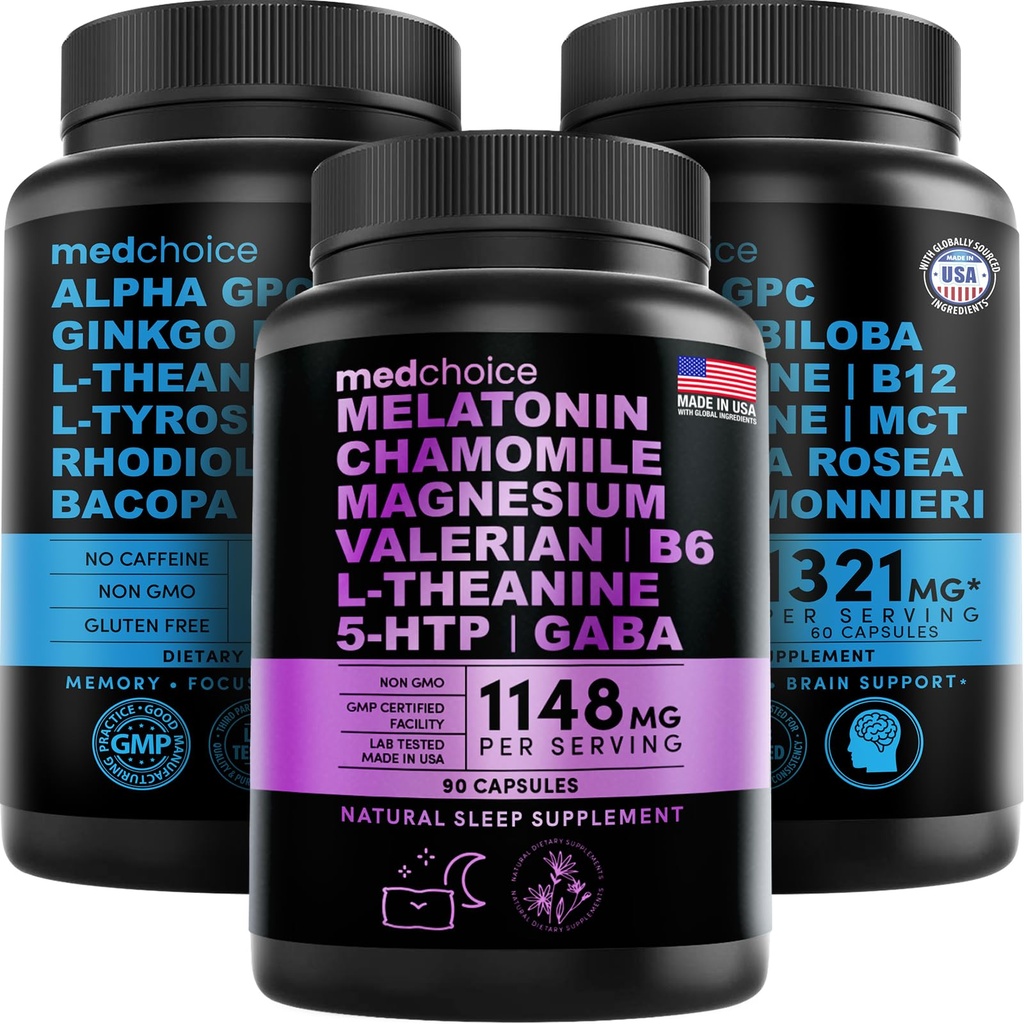MEDCHOICE Sleep Melatonin (90ct) ve Nootropic Brain (120ct) Supplement - Wellness Duo for Sleep, Brain, Focus, & Mood Support - Vegan, Non-GMO, Gluten-Free-Free