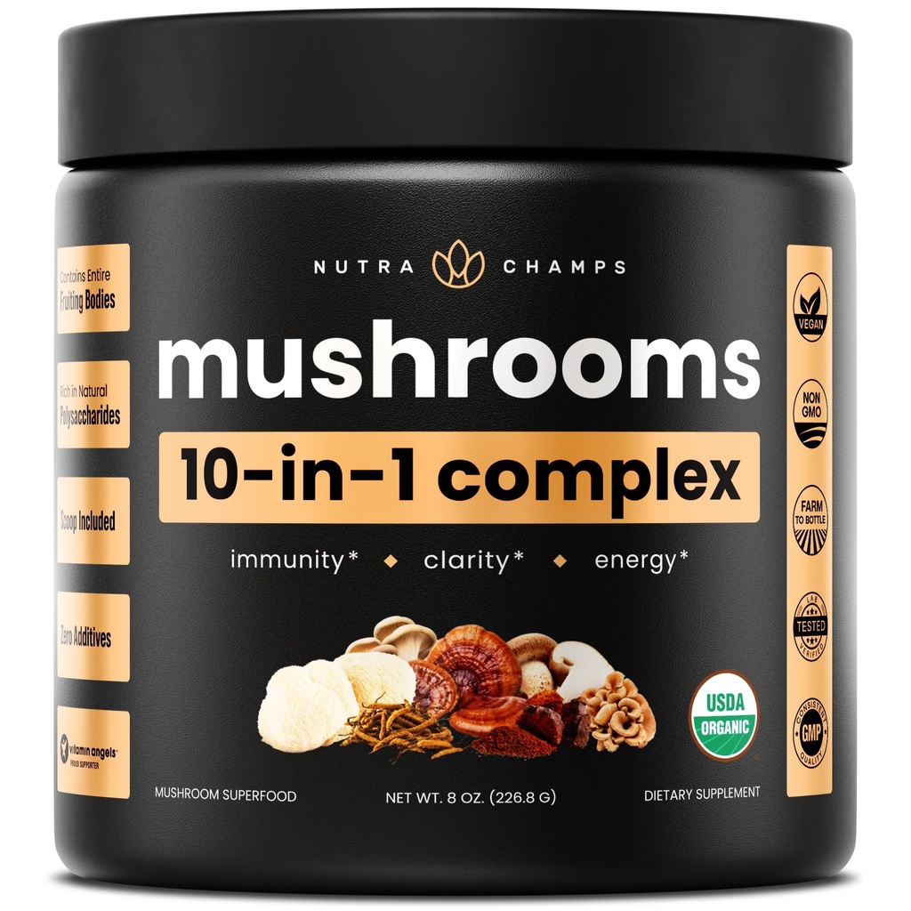 NutraChamps Organik Mushroom Toz - 10in-1 Kompleks - Mushroom Supplement Toz Mix for Memory, Focus & Immune Support - 8oz (8.0 OZ, Mushroom Mix)