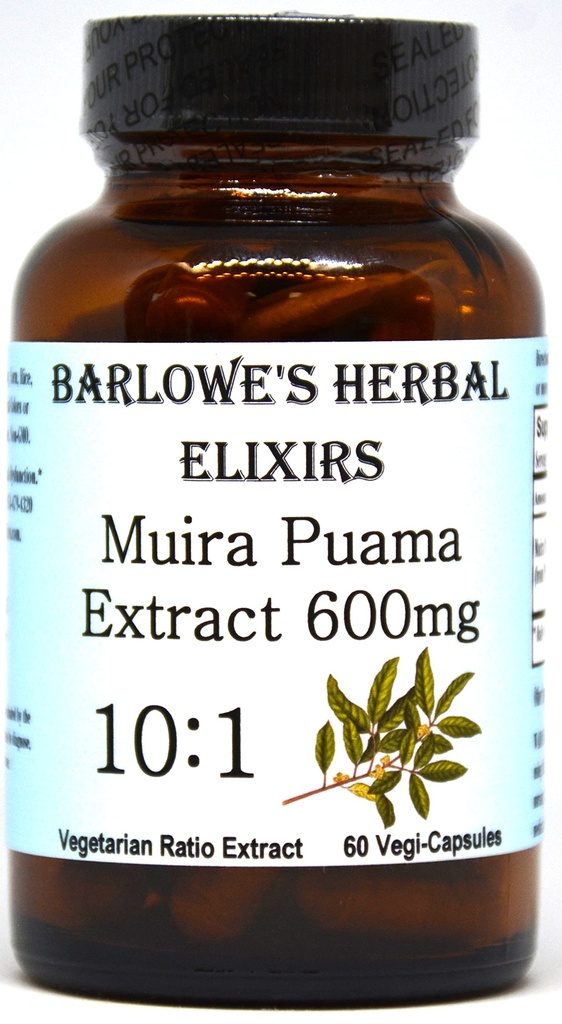 Barlowe's Herbal Elixirs Muira Puama 10:1 Ekstraksiyon | 600 mg Per Capsule | Geleneksel Erkek Vitality Supplement | 60 Vegan Capsules | Stearate-Free, Non-GMO, Paketli