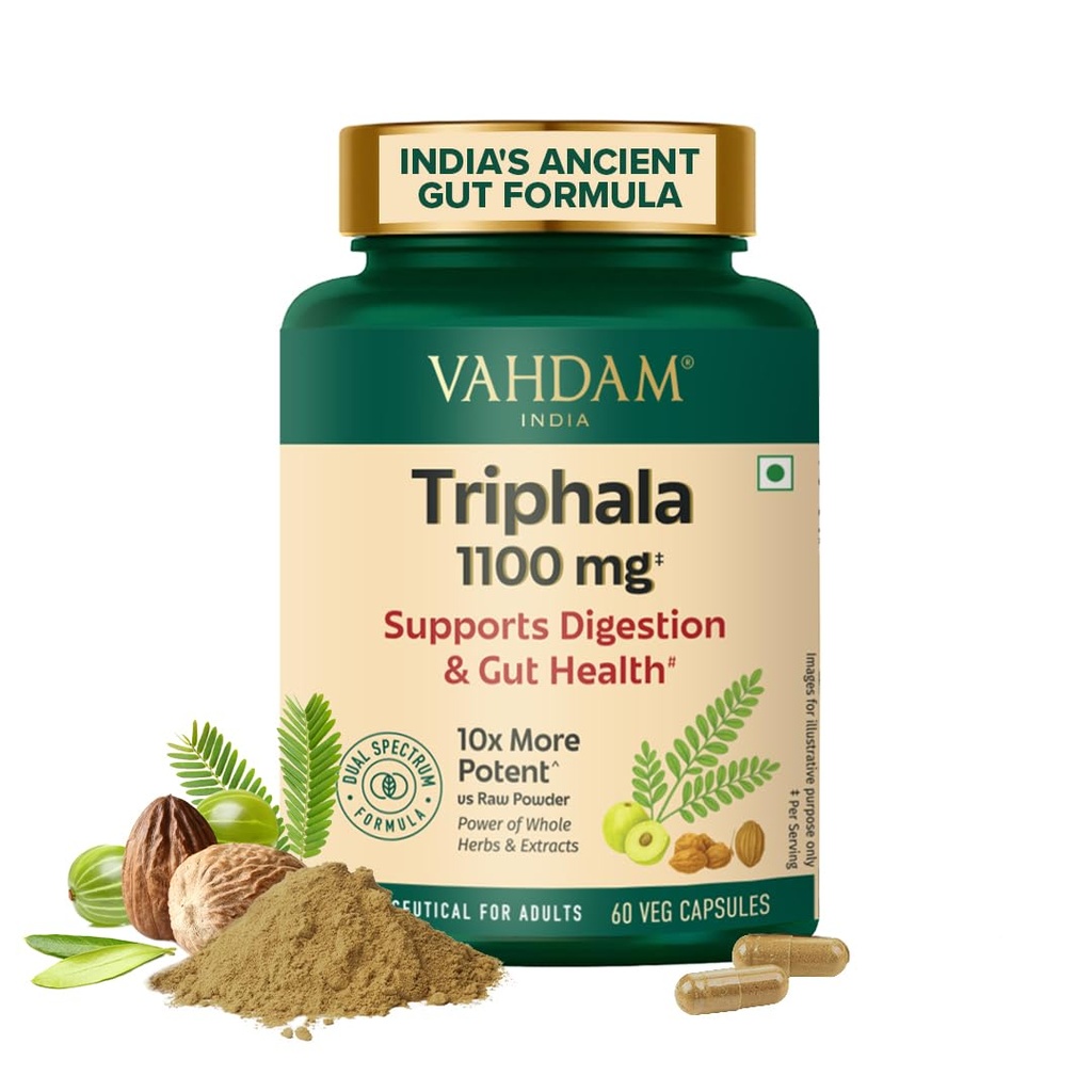 VAHDAM Triphala Capsules 1100mg | Natural Supplement with Amla, Haritaki & Bibhitaki | Supports Gut Health, Digestion & Colon Cleanse | 60 Veg Caps