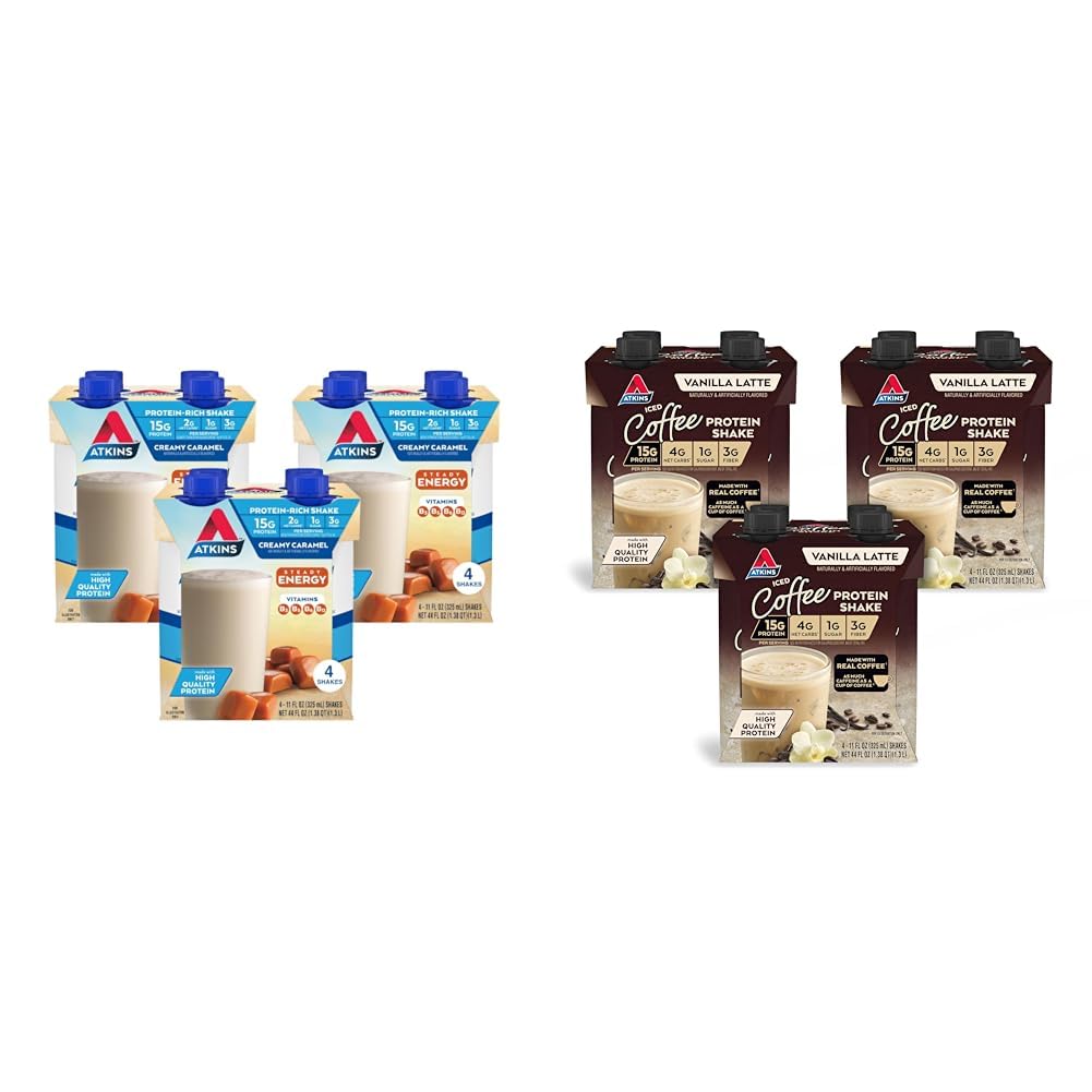 Atkins Energy Shake Creamy Caramel with Protein, Gluten Free, 4 Count(Pack of 3) and Atkins Iced Coffee Vanilla Latte Protein Shake, 15g Protein, Low Glycemic, 4g Net Carb, 1g Sugar