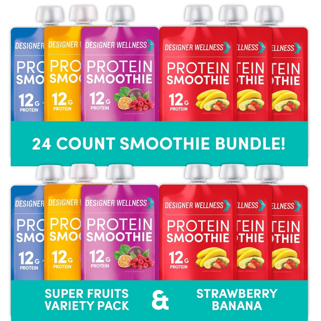 Designer Wellness Protein Smoothies Super Fruits Variety Pack and Strawberry Banana Bundle