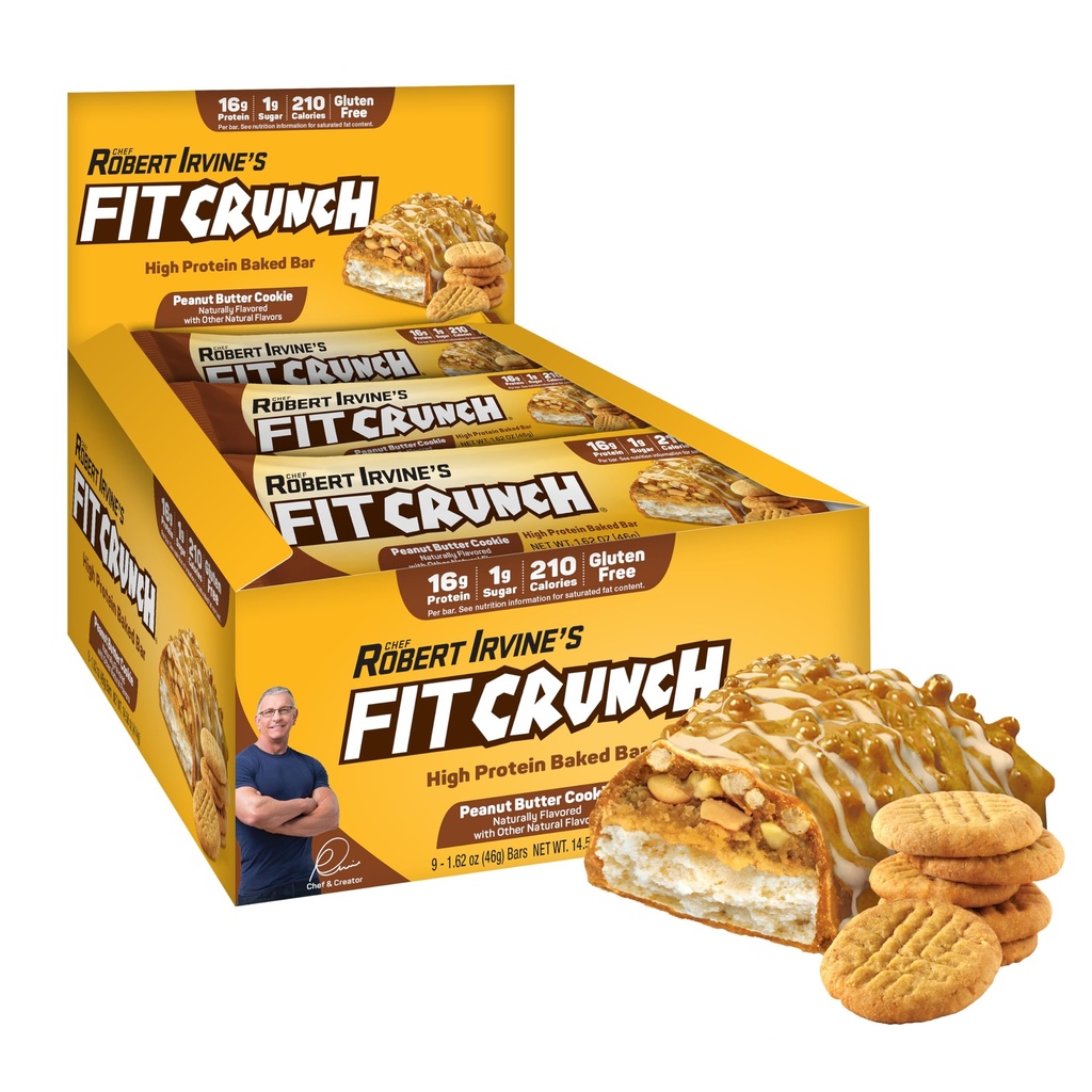 FITCRUNCH Snack Size Protein Bars, 6-Layer Baked Bar, 1g of Sugar, Gluten Free & Soft Cake Core (9 Bars, Peanut Butter Cookie)
