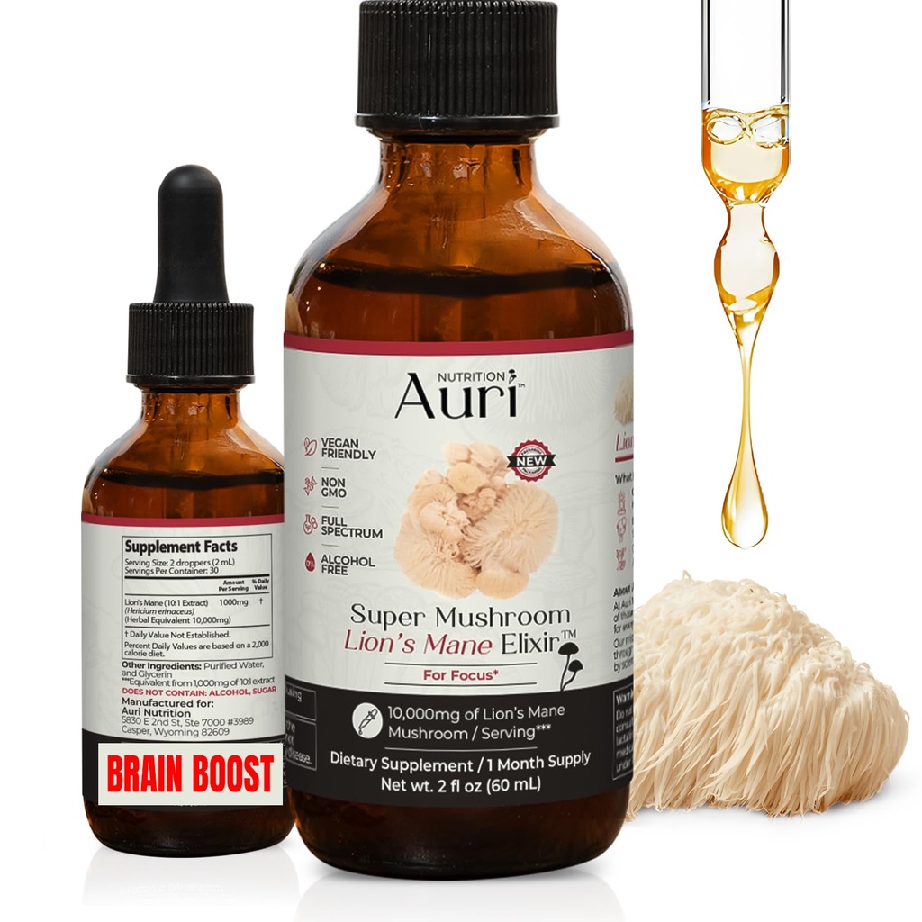 Auri Lion's Mane Liquid Elixir - Memory ve Focus için Beyin Tamamları - Lions Mane Supplement - Full Spectrum Lion's Mane Extract - No GMO, Vegan Mushroom Tincture