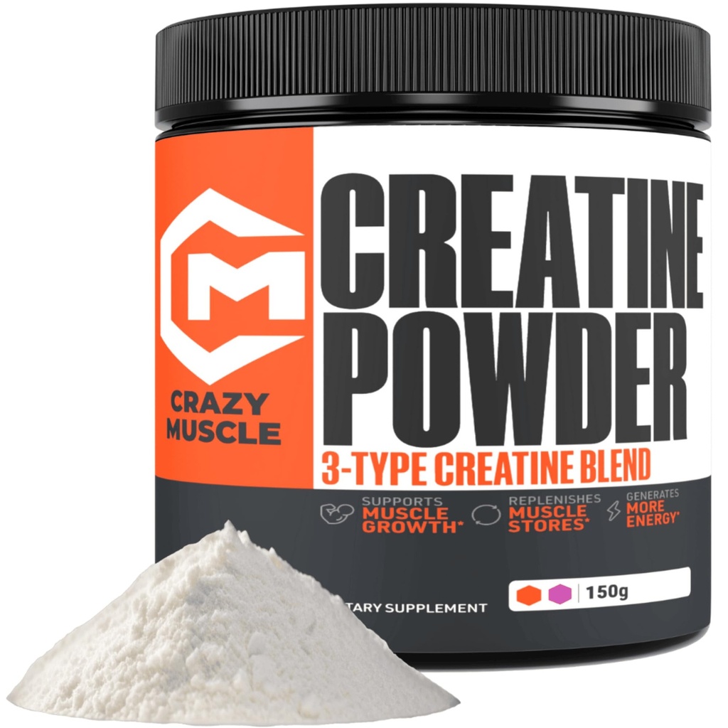 Crazy Muscle Creatine Monohydrate Fitness Powder 5g, Pure Unflavored Micronized 3X ThreeAtine Formula Pre Workout Mass Gainer High Absorption, for Men & Women, 30 Servings.
