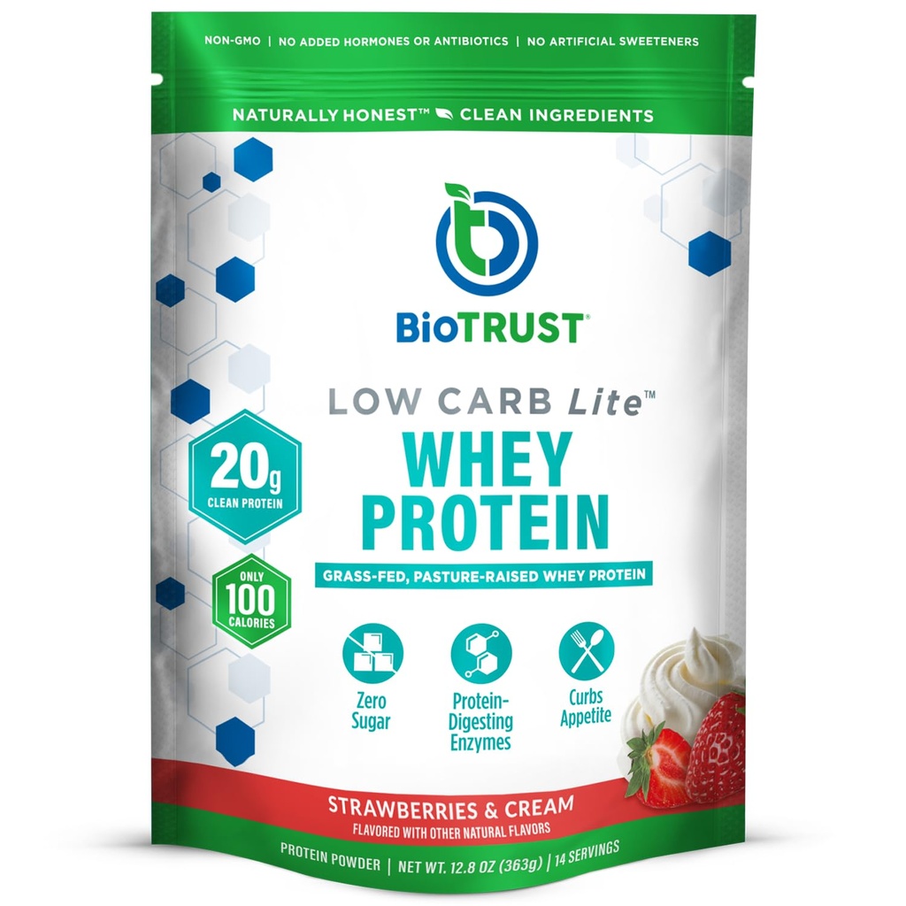 BioTrust Low Carb Lite, 20 Grams of Grass-Fed Whey Protein Isolate, 100 Calories, ProHydrolase Digestive Enzymes, Non-GMO, Free from Soy and Gluten, rBGH-Free (14 hizmet) (Strawberries and Cream)