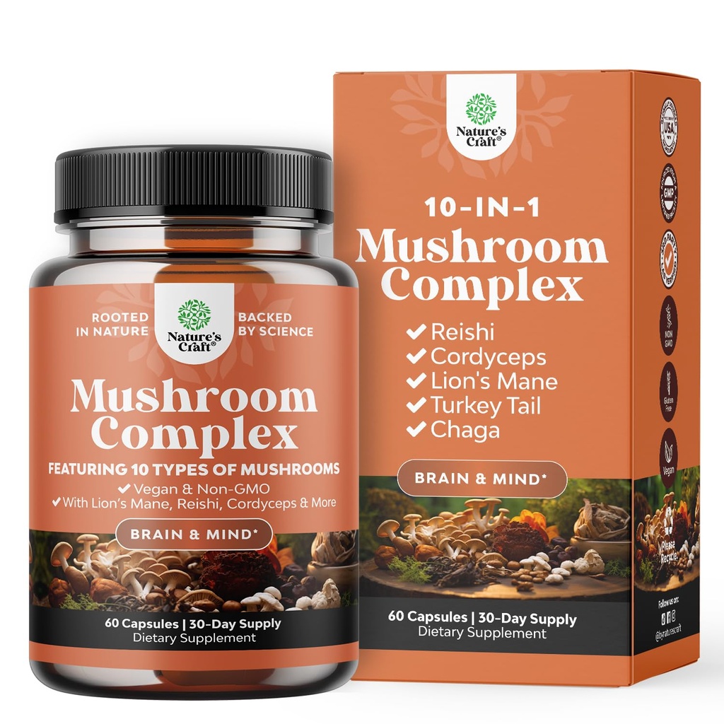 Advanced Mushroom Complex Capsules - 10X Lions Mane Supplement Capsules with Reishi, Chaga, Maitake & Shiitake for Brain Health Memory Support & Focus - Nootropic for Mental Clarity - 60 Count