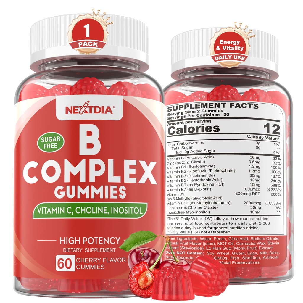 B Kompleksi Gummies, Vegan Vitamin B Gummies with 2000 mcg Torch B12, Metil Folate | Plus Choline + Inositol, C + çinko for Supports Energy, Mood, Immune, Health, Skin - 60 Cts