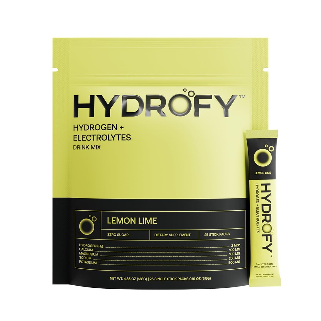 Hydrofy Hidrojen Su + Elektrolytes Drink Mix | H2 Hydration Packets with Molecular Hidrojen, sodyum, Pyum, Magnezyum, Kalsiyum ve Mineraller | No Sugar | Lemon Lime | 25 ct