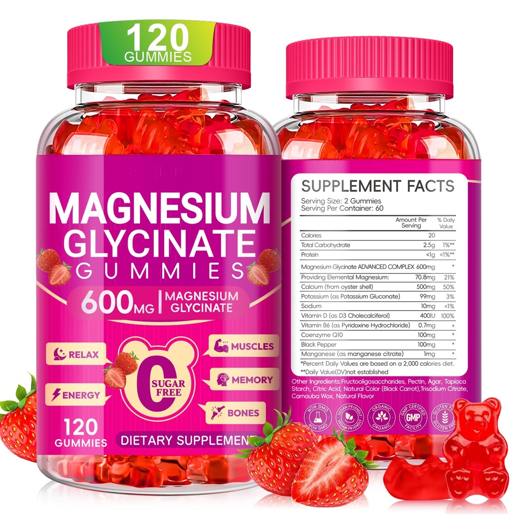 Magnezyum Glycinate Gummies 600 mg, Chewable Sugar Free Pyum Magnezyum Gummies Magnezyum Glycinate, Vitamin D, B6 ve CoQ10 Uyku, Rahatlama, Beyin ve Kas, 60 Gün Supply