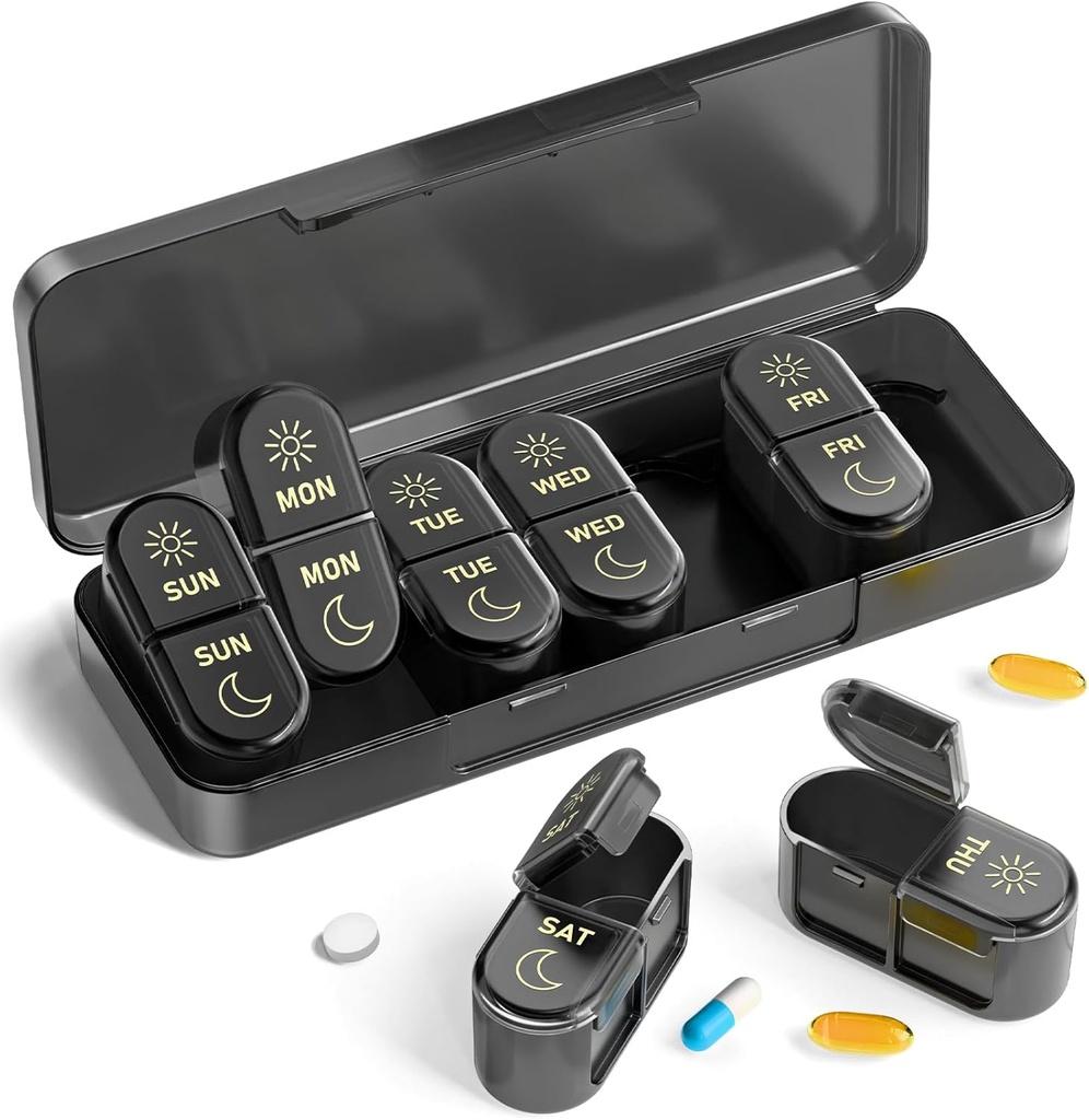 AM & PM Pill Organizer 7 Gün, Haftalık Pill Case 2 Times a Day, Pill Box 7 Gün, Tıp Pill Seyahat, Vitaminler, Balık Yağları, Tamamlar,