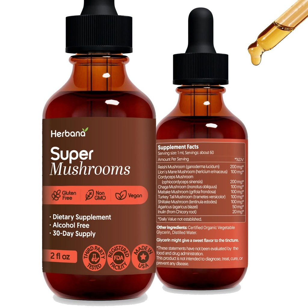Super Mushrooms 8-in1 - 2 fl oz Sıvı Ekstraksiyon - Beyin ATM & Immune Support Drops - Reishi, Lion's Mane, Cordyceps, Chaga, Mitake, Türkiye Tails, Shiitake Agaricus - High Potency - 45 Günlük Supply