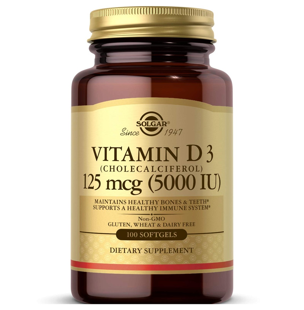 Solgar Vitamin D3 (Cloncalciferol) 125 MCG (5000 IU), 100 Softgels - Sağlıklı Kemikler ve Dişler - Immune Sistem Desteği - GMO, Gluten-Free, Dairy Free - 100 Hizmet
