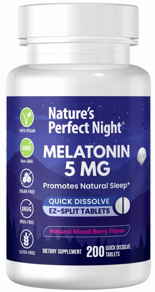 Nature's Perfect Night | Melatonin 5mg | 200 Hızlı Dissolve Tabletler | Doğal Karma Berry Flavor | Verilen Potency | Sugar Free | Vegan | Gluten Free | Değer Boyut
