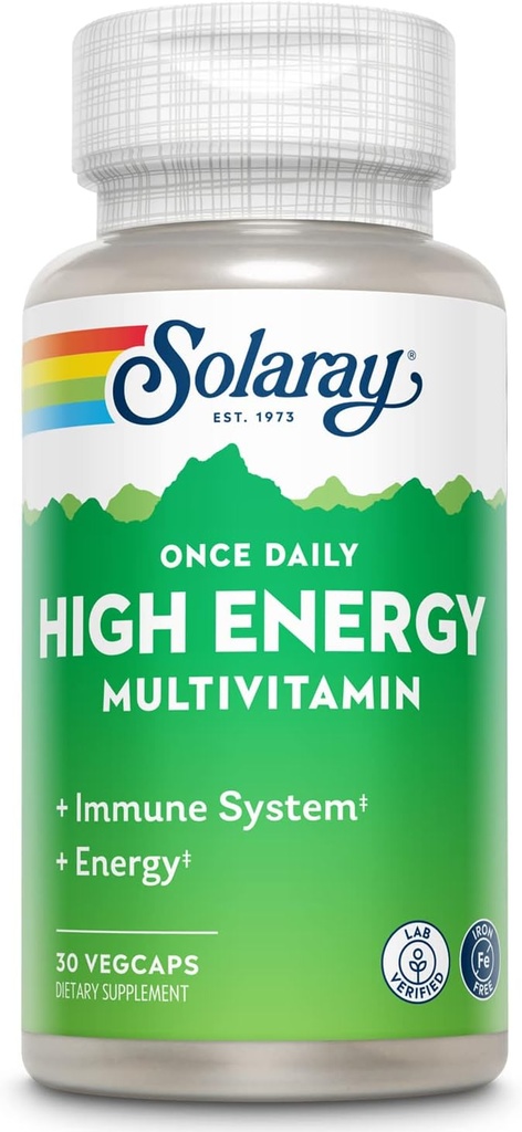 SOLARAY Günlük Yüksek Enerji Multivitamin, Iron Free, Immune System and Energy Support, Whole Food and Herb Base Malzemeler, Erkekler ve Kadınlar Multi Vitamin (30 Hizmetler, 30 VegCaps)