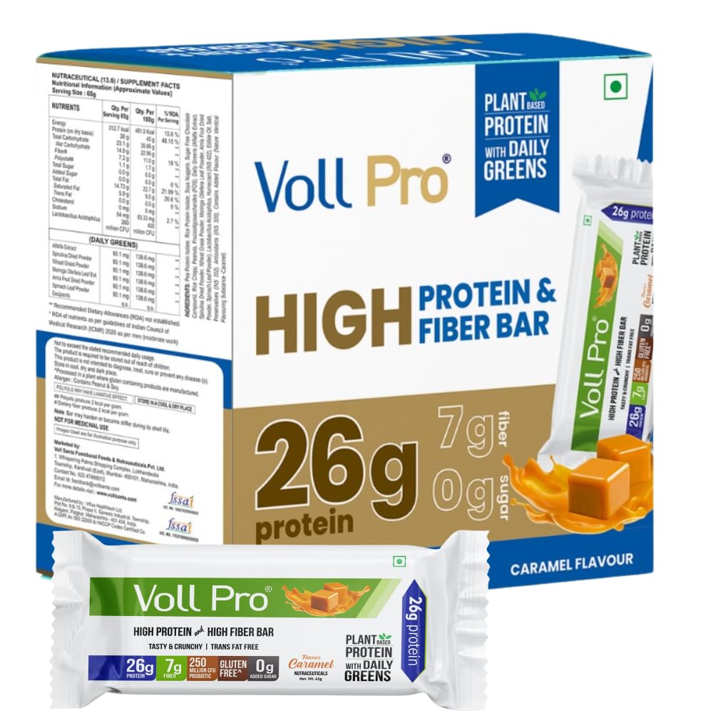 Voll Pro Plant Protein Bar with Daily Greens - High Protein 26g, Fiber 7g, 0g Sugar - Crunchy, Delicious Nutrient-Rich Protein Bars, 65g Bar (Pack of 12) (Pack of 12)