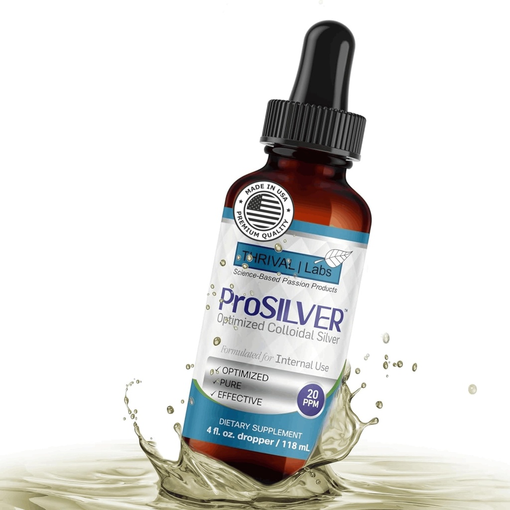 ProSILVER Blue Label 20 PPM True Colloidal Silver Liquid Drops (4oz Dropper), Optimized Bio-Active Nano-Sized Liquid Silver for Mineral Support, Dark Glass Bottle - Thrival Labs (Plata coloidal)