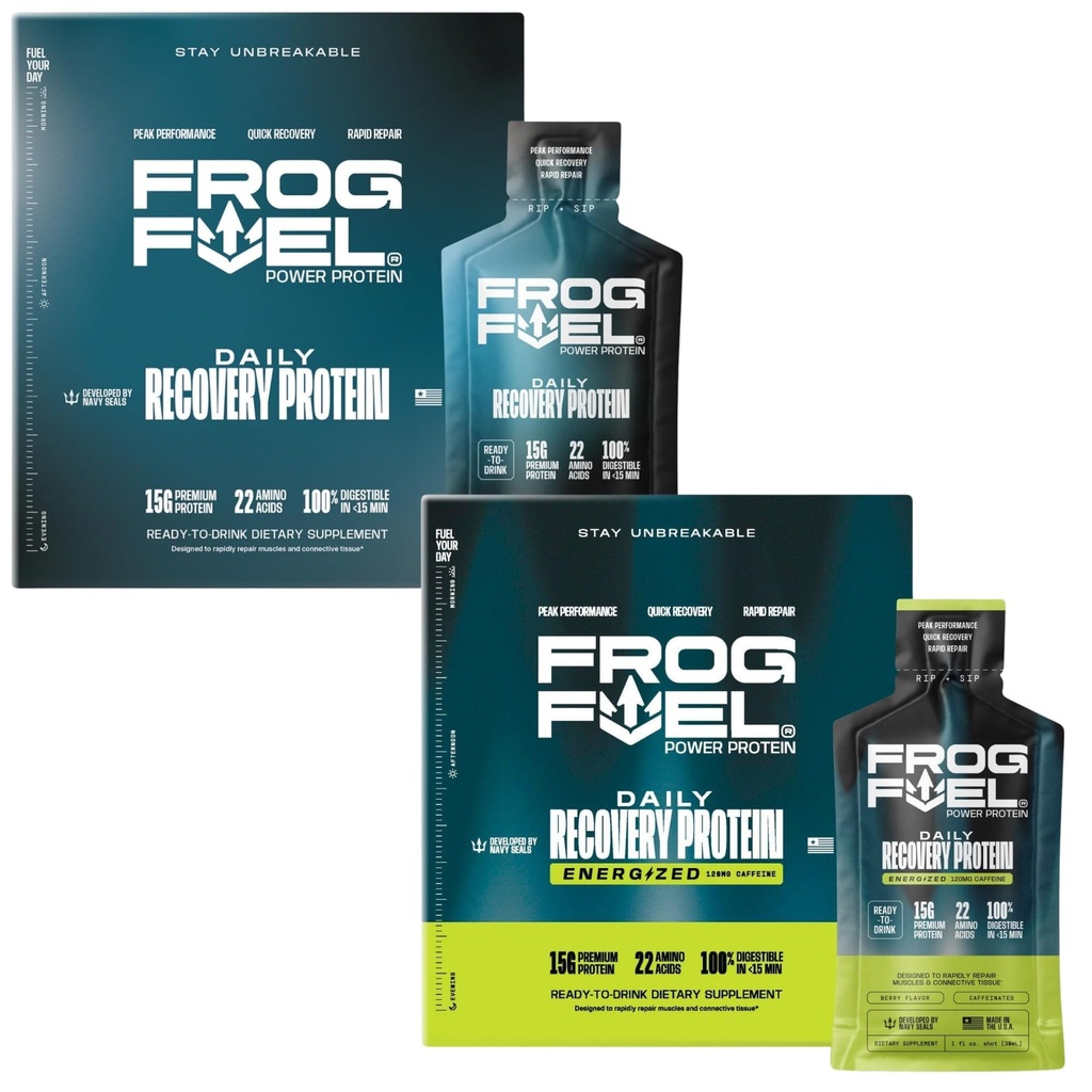 Frog Fuel Power Regular & Power Energized Complete protein Shot Sche, 15g Protein Nano-Hydrolyzed Grass Fed Collagen, Post Workout, Fat & Sugar Free, 22 Amino Acids, Berry, 1 oz Packets, 48 Packets,