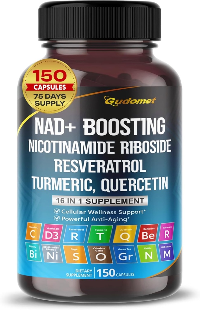 NAD+ Trans-Resveratrol Turmeric Quercetin Rosemary Bilberry Sage Green Tea Oregano Nettle Milk Butle Black Pepper -150 Capsules- Made in USA