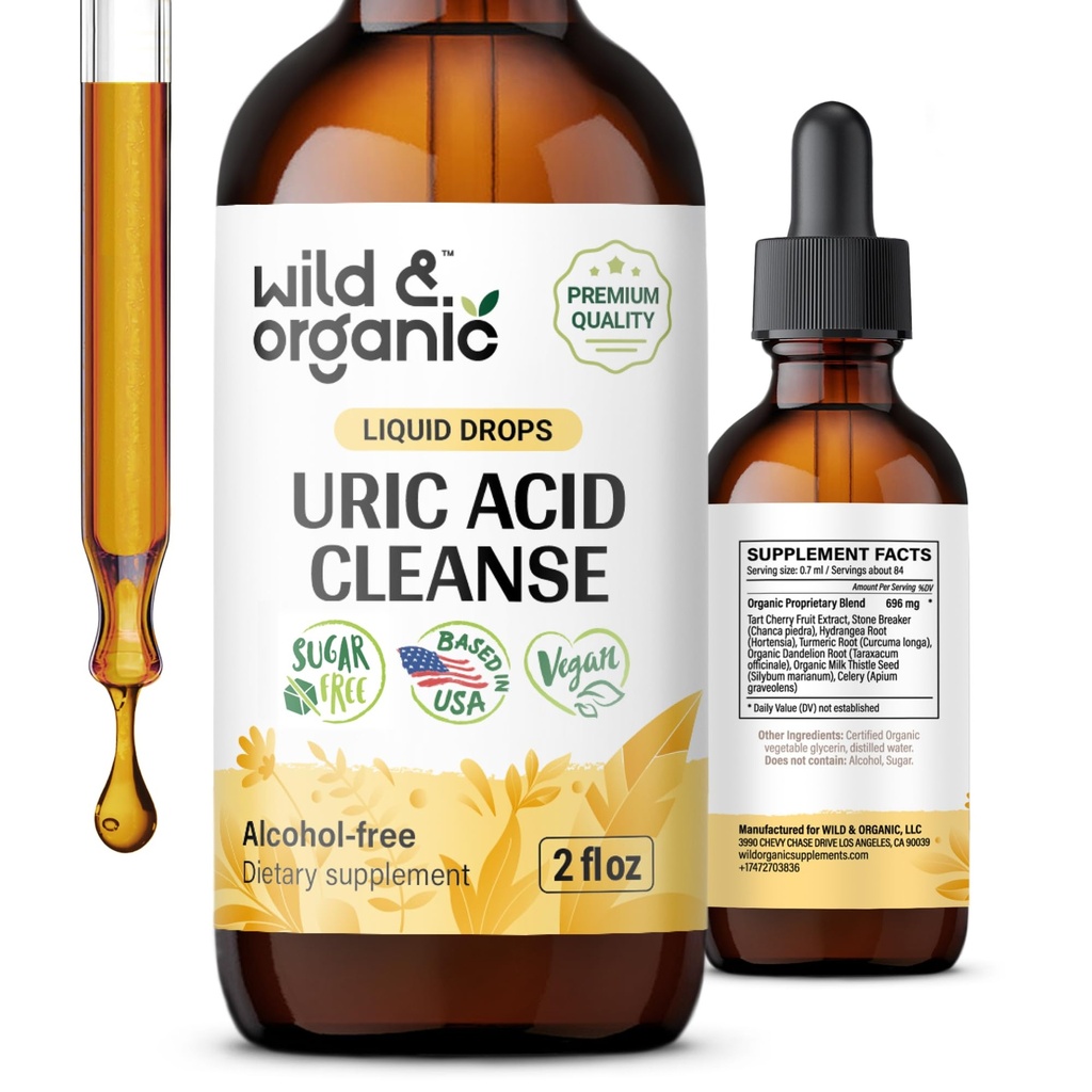 Wild & Organic Uric Acid Cleanse Drops - Tart Cherry, Turmeric, Chanca Piedra Stone Breaker Kompleks for Kidney Cleanse - Uric Acid Support Supplement - Vegan, Sugar & Alkol-Free Tincture - 2 oz