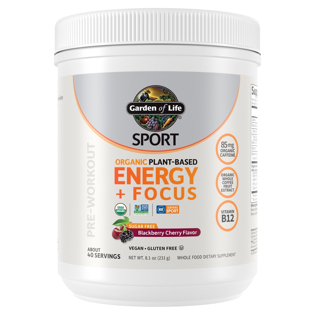 Garden of Life Sport Organic Plant-Based Energy + Focus Vegan Clean Pre Workout Powder, Sugar & Gluten Free BlackBerry Cherry with 85mg Caffeine, Natural NO Booster, B12, 40 Servings, 8.14 Oz