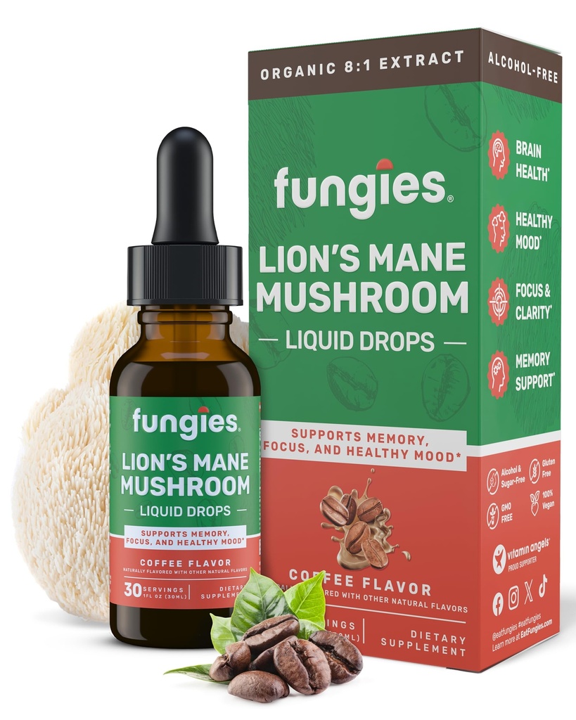 Fungies Lion's Mane Mushroom Liquid Drops, Kahve - Lions Mane Extract Supports Brain Fog, Focus, Memory & Wellness Mood - Mushroom Kompleks yetişkinler için Tamam - 30 Hizmet