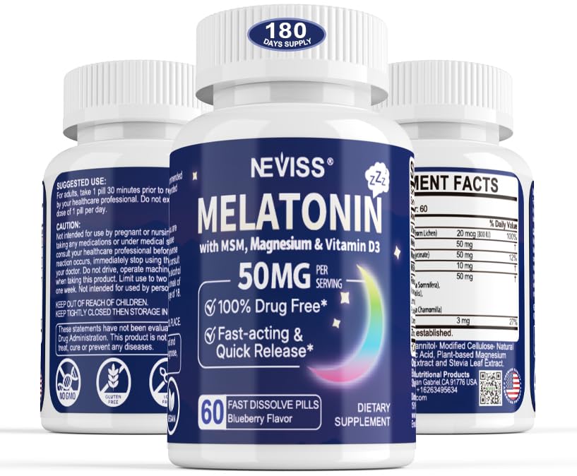 Melatonin 50 mg for Yetişkinler - Ekstra Kuvvet 9-in-1 Hızlı Dissolve Sublingual - w/Vitamin D3 & MSM, Relaxing Herbal Mix-Ashwagandha, Lemon Balm, Passionflower,Chamomile,Sugar Free, Vegan 180 hizmet