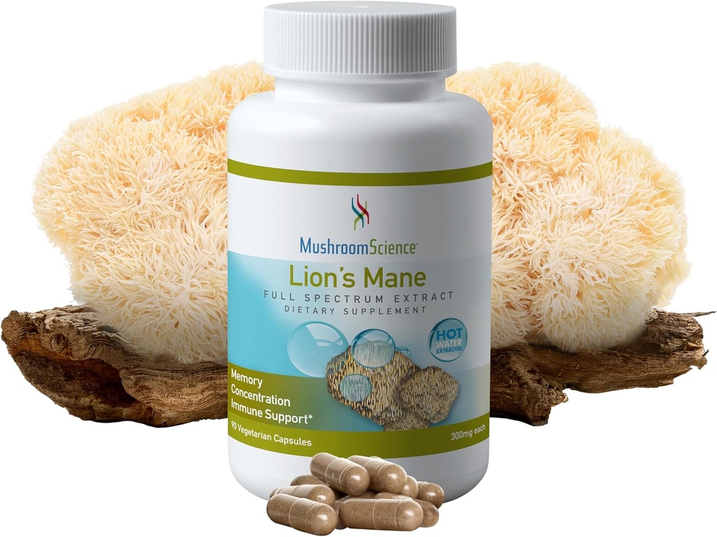 Mushroom Science Lions Mane Mushroom Capsules, Memory & Concentration Support, Full Spectrum Extract, Mushroom Supplement for Yetişkinler, Hot Water Extracted Mushrooms, Vegetarian, 300MG, 90 ct