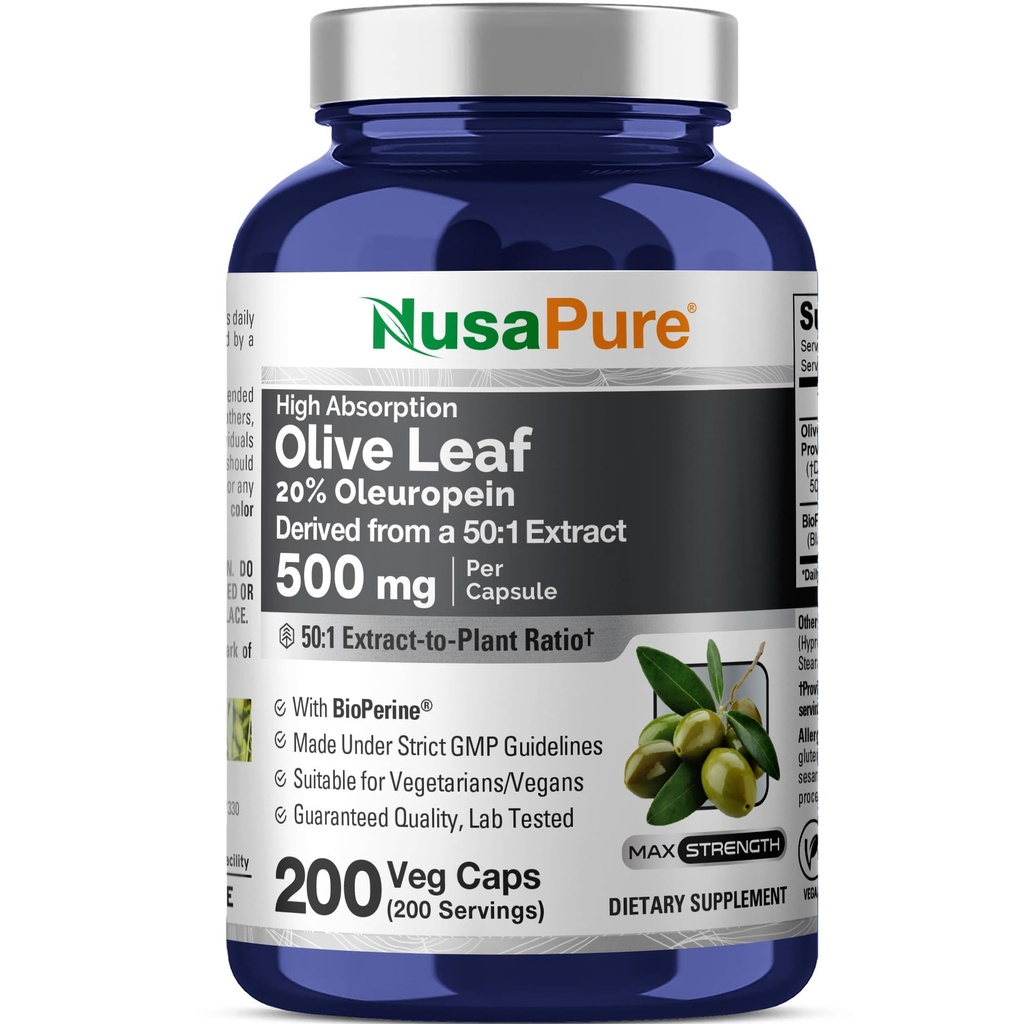 NusaPure Olive Leaf% 20 Ol Europein 50:1 Ekstraksiyon, 500 mg 25.000 mg 200 Veg Caps Vegetarians ve Vegans için Uygun, Non-GMOMO
