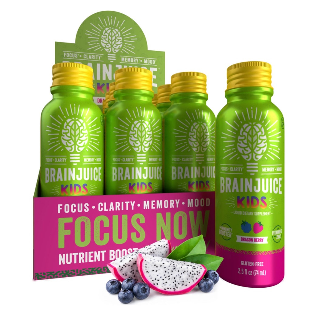 BeyinJuice Kids Brain & Immune Support Shot, Gluten Free Supplement Shots for Energy, Focus, Immunity with Vitamin D, C, B, Alpha GPC & Organic Ginger Root, 5+, Dragon Berry, 2.5 fl oz, 12 Pack